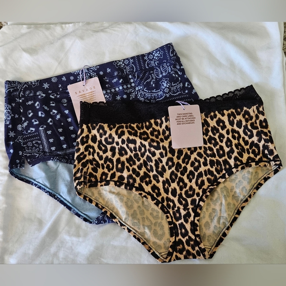 Savage X Fenty Cotton Essentials Shortie Panty Bundle, Leopard and Navy Blue.